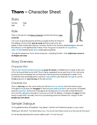 Thorn's character sheet